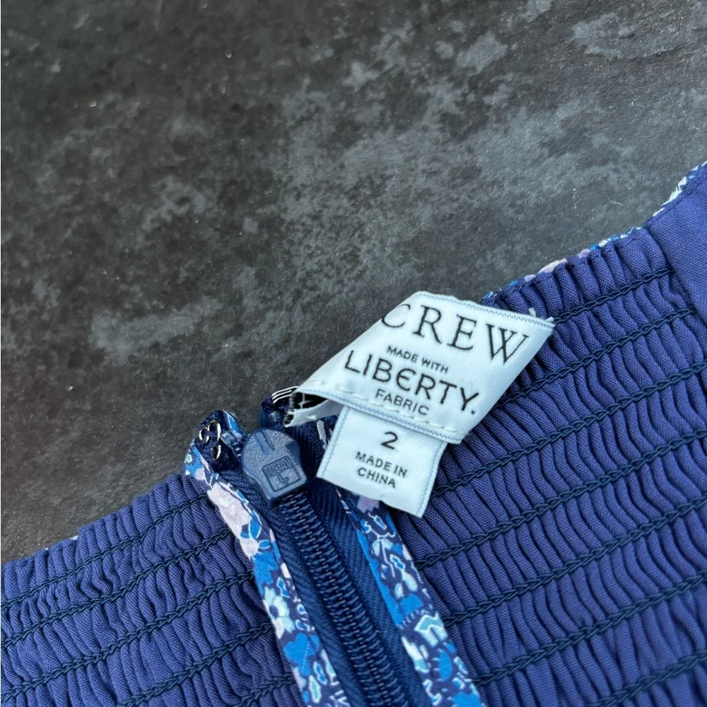 J. Crew Blue and White Ruffled Paisley Mini Dress with Long Puff Sleeves Size 2